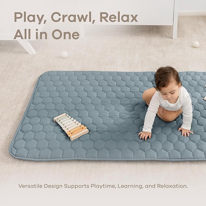 Comfy Cubs Rectangle Kids Play Mat - Small 36 x 60 inches Soft Quilted Baby Floor Mat with Non-Slip Bottom - Plush Design for Toddlers' Playtime - Comfortable and Durable - Pacific Blue