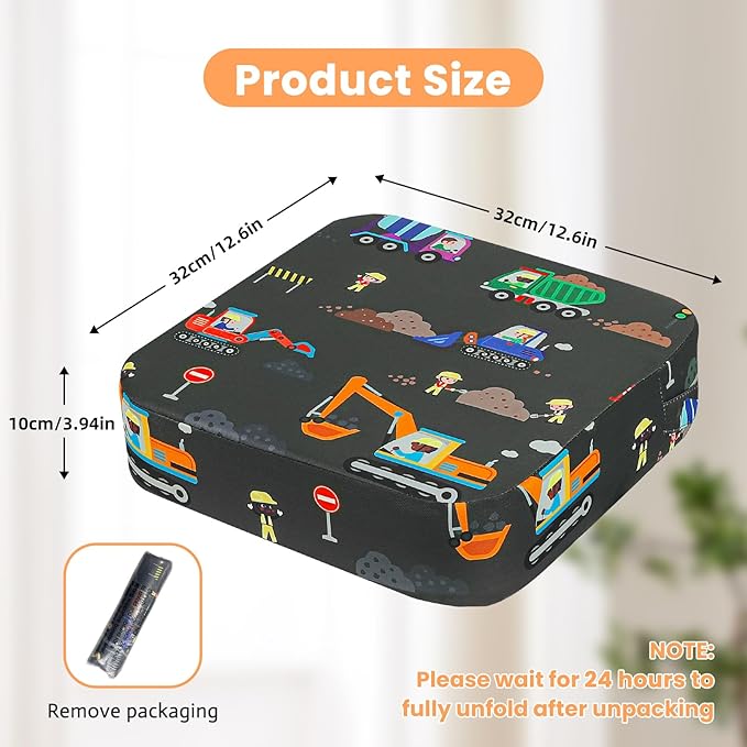 Toddler Booster Seat for Dining Table, 4" Kids Booster Seat for Kitchen Chair with Non-Slip Bottom, Portable Detachable Washable Increasing Cushion with 2 Adjustable Straps (Excavator)