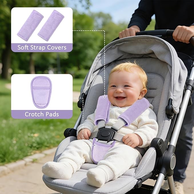 SWESEN Baby Car Seat Strap Covers, 3 Piece Soft Car Seat Strap Shoulder Pads for Baby Girls Boys, Double-Sided Use carseat Straps Covers for Stroller, Car Seats, Pushchair, Purple