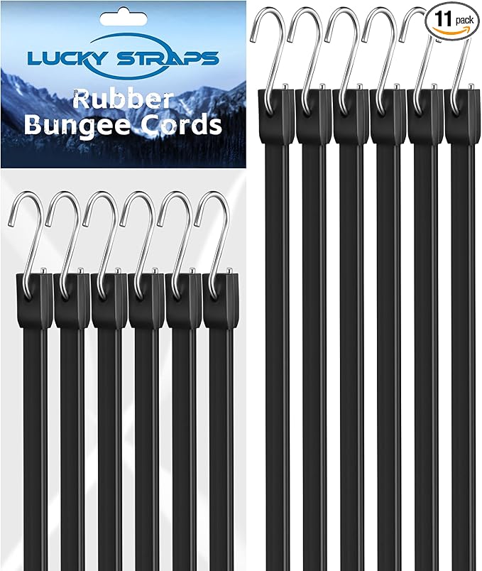 10 Inch Rubber Bungee Cords Heavy Duty Outdoor, Black Bungee Straps with Upgraded Hooks, Weatherproof Tarp Straps with 1.9X Max Stretch & 100% Rubber for Cargo, Van, Truck, Motorcycle, etc (11 Pcs)