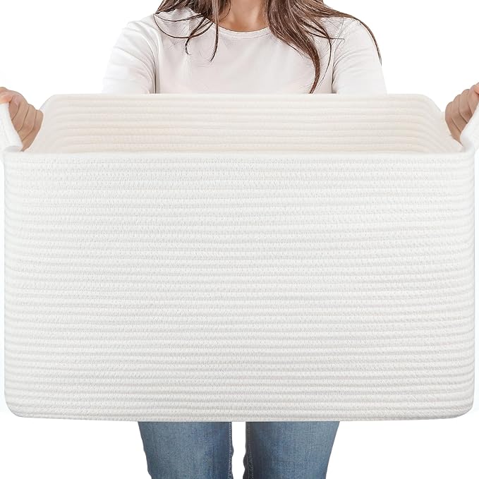 SIXDOVE 65L Large Storage Basket, Cotton Rope Woven Blanket Basket, Toy Storage for Baby Room, Living Room, White