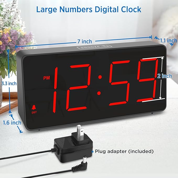 Peakeep Digital Clock, Alarm Clock for Bedrooms with USB Charger Port - Large Big Numbers 5 Brightness for Seniors, Battery Backup, Loud Alarm 5 Volums (Black with Red Digits)