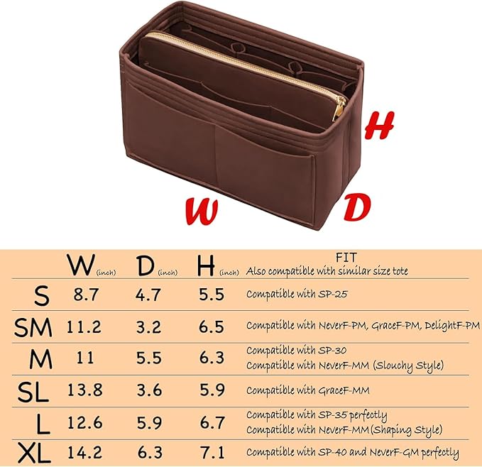 Purse Organizer Insert with Zipper Felt Bag Organizer Handbag Organizer Insert Bag in Bag Organizer with Key Chain for Tote Purse Bag Brown XLarge