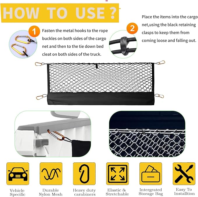 Highly Elastic Truck Bed Cargo Net Compatible with 2007-2025 Toyota Tundra,Envelope Style Truck Cargo Net for Tundra Accessories, Upgraded Storage Bag & Heavy Duty Carabiners