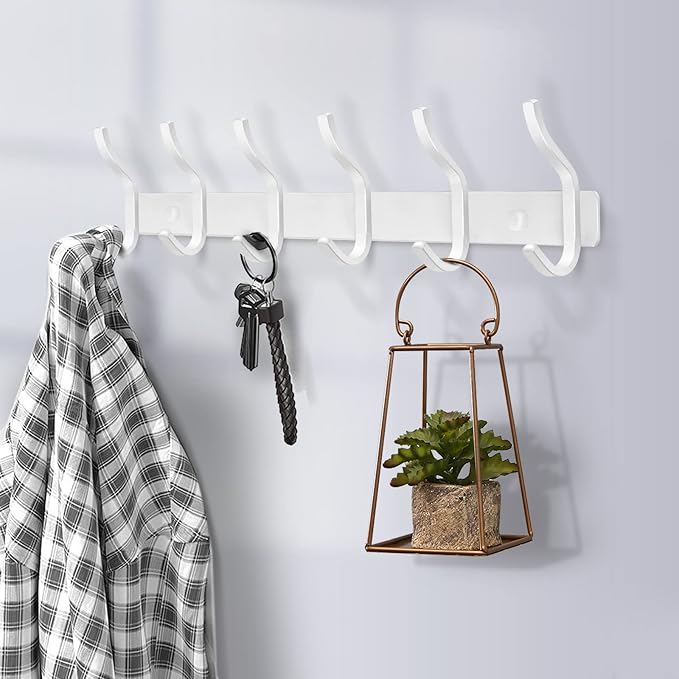 HAMUTH White Wall Hooks Heavy Duty, 17 Inch Coat Hooks Wall Mount with 6 Hooks, Wall Hooks Hangers for Entryway, Bathroom - for Hanging Backpack, Bag, Coat, Purse, Hat, Towel, Clothes