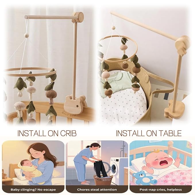 Baby Crib Mobile Arm,Desktop Installable Bear Wooden Crib Baby Holder,Thickened Bear Nursery Decor Attachment,Safe Anti Slip Adjustable Height