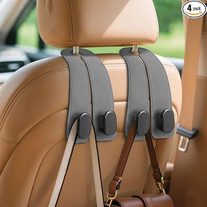 Car Seat Headrest Hooks - 4 Pack Universal Car Purse Hook, Leather Car Bag Purse Holder with Double Metal Hooks for Handbags, Grocery Bags, Bottles, Phones, Gray