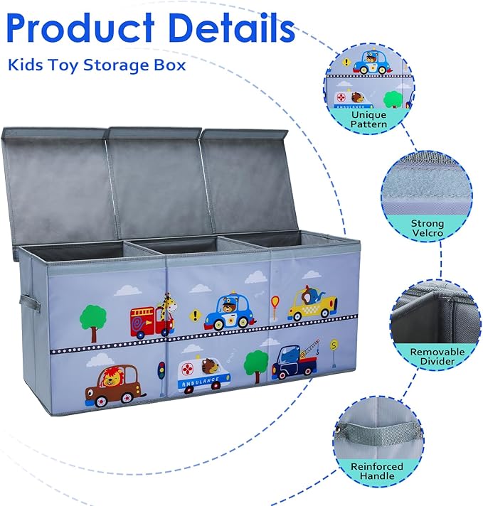decalsweet Toy Box Chest for Kids, Collapsible Oxford Toy Storage Box with Handles for Boys, Extra Large Sturdy Waterproof Toy Organiser for Bedroom Playroom, 37.7×12.5×15.7 Inch (Animal Cars)