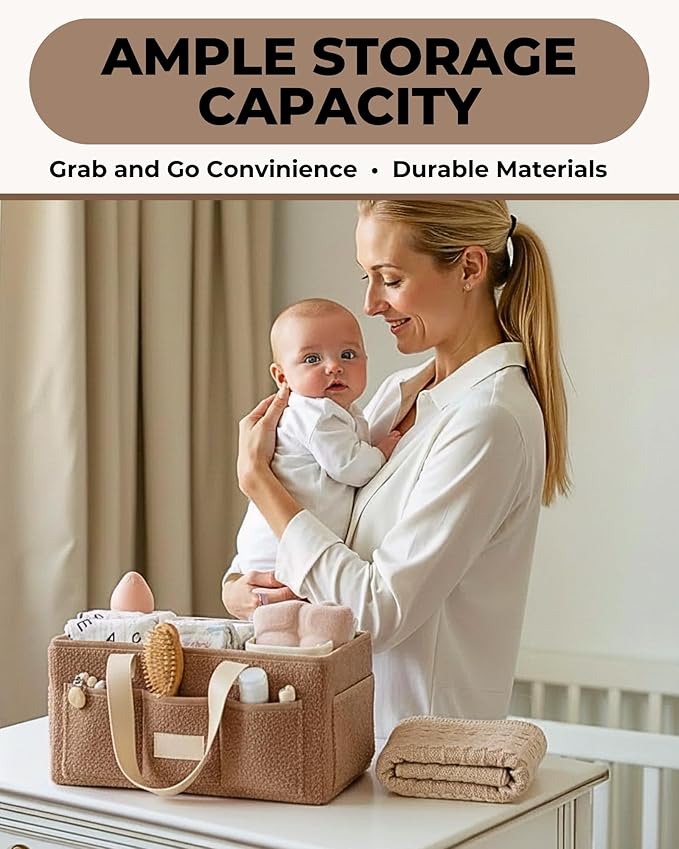 Toodly Baby Diaper Caddy Organizer with Portable Changing Mat - Teddy Fleece Diaper Organizer for Changing Table - Basket for Changing Essentials - Baby Essentials Organizer with Removable Dividers