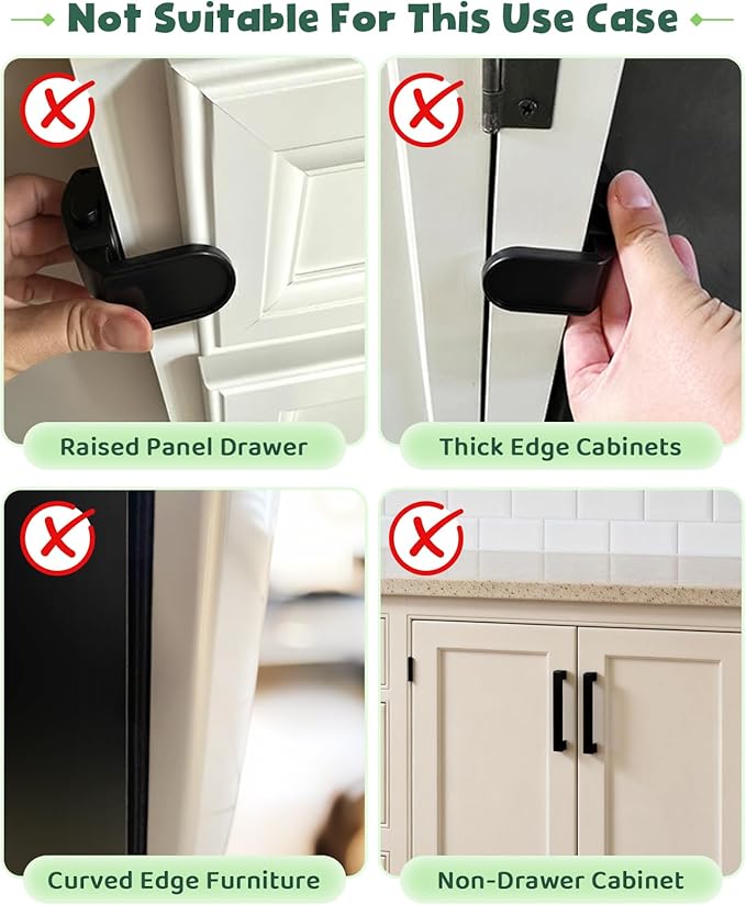 6 Pack Drawer Locks Black, Roctee Baby Proofing Lock for Right Angle Drawer Pull Out Thin Dresser Kitchen Cabinet Bedside Tables, Safety Latch Child Proofing 0-12 Month