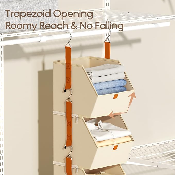 Collapsible Hanging Closet Organizer - 6 Tier Closet Shelves Storage System with Hooks, Fabric Hanging Storage Bins for Clothes, Foldable Storage Basket for Laundry, Bedroom, Rv, Beige
