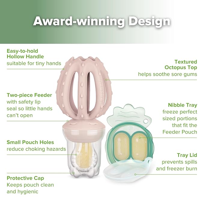 Haakaa Octopus Baby Fruit Food Feeder & Mini Freezer Nibble Tray Combo, Breastmilk Popsicle Molds for Cooling Relief, BPA Free Silicone Feeder for Safe Infant Self Feeding, 4 Month+（Blush）