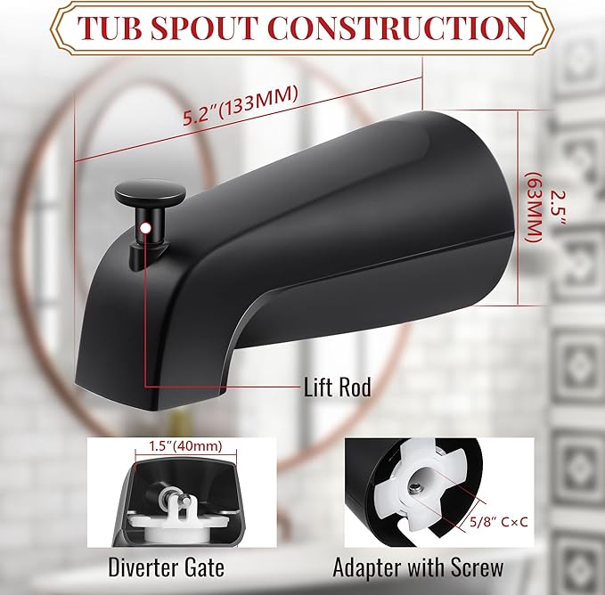 Enhon Slip on Tub Spout with Diverter, Compatible with American Standard 8888026.002 Tub Spout, Bathroom Bathtub Faucet, Fits 1/2 Copper Water Tube(5/8 Dia), 5/32 Hex Wrench(Matte Black,1)