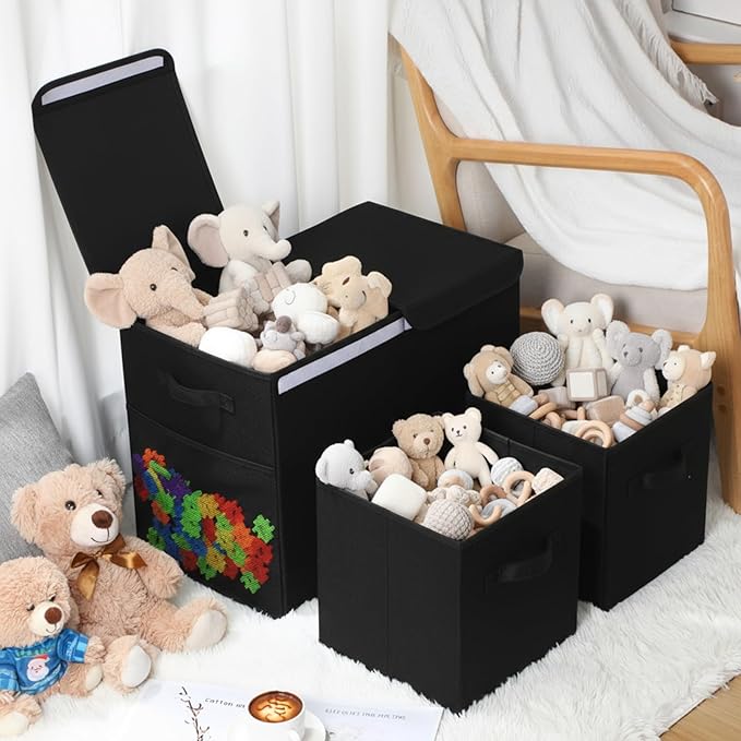 Fiwochic 3 Pack 23" Large Toy Storage Box with 11" Cubes Bins, Collapsible Toy Organizer Chest with Lids for Kids Nursery Playroom Bedroom Living Room Christmas Ornament Storage Box(Black)