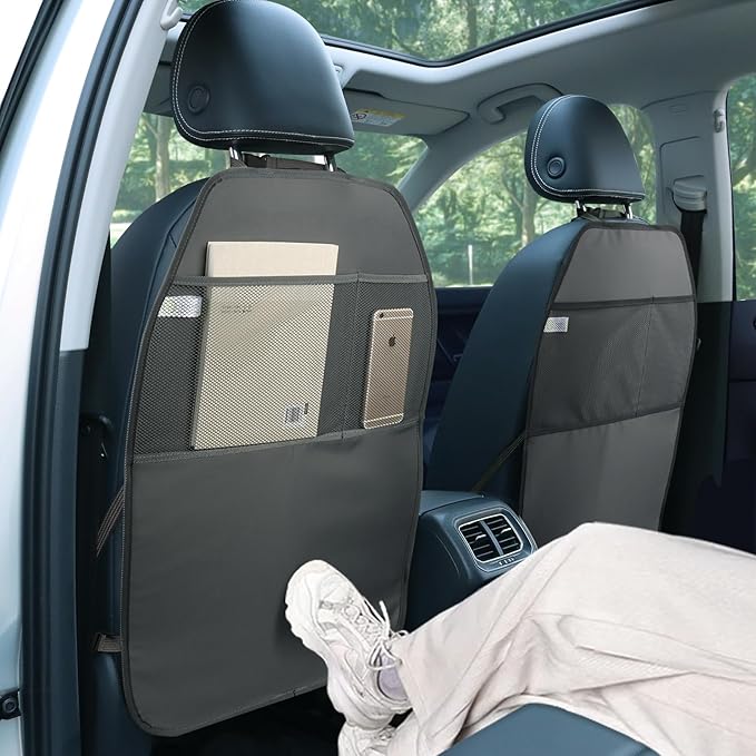 Viaviat Car Seat Protector Large Kick Mat 2 Pack Durable Water Resistant Auto Seat Back Covers with 2 Mesh Pockets Protection Against Dust Mud Scratches (Black, 2-Pack)