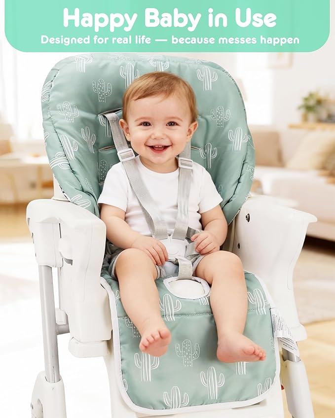 Baby High Chair Cover 2-in-1 Reversible, Includes 5-Point Harness Strap, Waterproof & Soft Dual-Side High Chair Pad Cushion, Machine Washable, Extra Thick Highchair Protector - Green