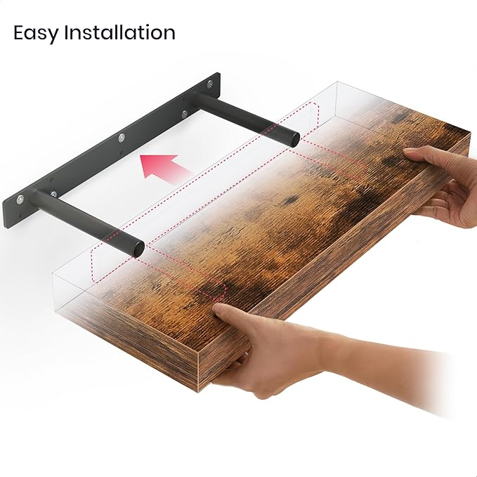 Ballucci Floating Shelves, 16" Wood Wall Shelf Set of 2, with Invisible Brackets for Bathroom, Living Room, Bedroom, Kitchen, Nursery, 6" Deep, Rustic Brown
