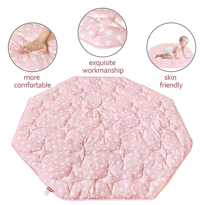 Octagon Playpen Mat Pink for Girls, Non Slip Baby Playpen Mattress Mat Fits 8 Panel Regalo Extra Large Portable Play Yard, Pink Star Print Playard Pad for Girls