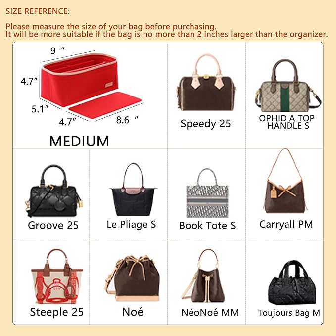 Purse Organizer Insert for Handbags, Fit Speedy 25 Neverfull Felt Tote Insert with Base Shaper Zipper Bag in Bag