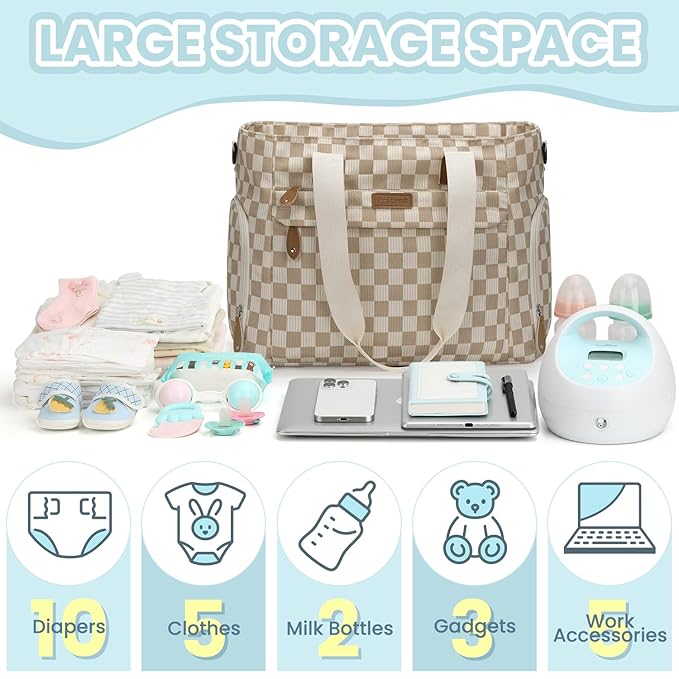 Pritent Large Travel Diaper Bag Tote with 14 Inch Laptop Sleeve, Breast Pump Bag for Mom and Dad, Mommy Maternity Travel Baby Bag for Boys and Girls, Plaid