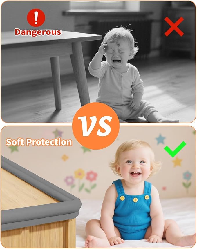 QYV Edge Corner Protector Baby Proofing, 6.56FT 0.6'' Thicken L-Shape Furniture Fireplace Safety Bumper Guard with 6 Corners, Pre-Taped, Soft NBR Rubber Foam, Table Edge Protector for Baby (Grey)
