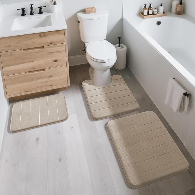 Yimobra Memory Foam Bath Mat, Super Soft Absorbent Bathroom Rug Non Slip, Quick Dry, Machine Washable Floor Carpet for Tub Shower, Home Decor Accessories, 24x17, Beige