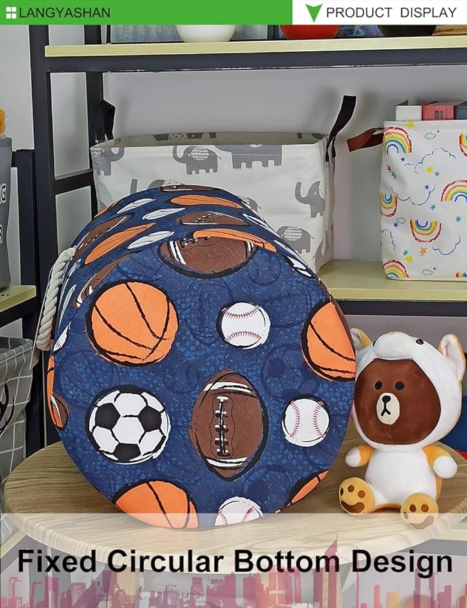 LANGYASHAN Laundry Basket Canvas Collapsible Organizer Storage Basket for Boys Girls Laundry Hamper Toy Bins Gift Baskets Bedroom Clothes Children Nursery (Navy Ball Game)
