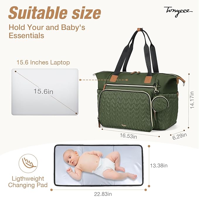 Tonyeee Diaper Bag Tote, Large Baby Diaper Bags Waterproof, Hospital Bag for Labor Delivery with Pacifier Case, Changing Pad, Shoulder Strap, Dark Green