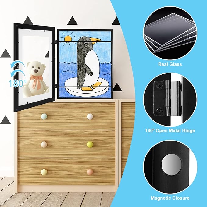 2-Pack Kids Art Frames, 11x14 Front Opening Kids Artwork Frames Changeable, Displays 9x12 With Mat and 11x14 Without Mat, Holds 50 Pcs, for 3D Picture, Crafts, Children Drawing, Hanging Art, Portfolio