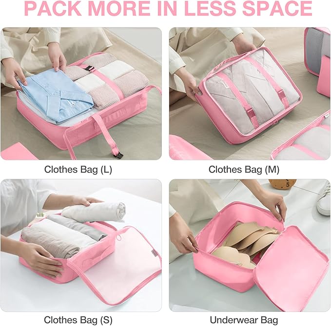 8 Set Packing Cubes for Suitcases,Packing Cube with Shoe, Cosmetics, Clothing, and Accessories Bags Packing Cubes for Travel Luggage Organizer Women Men (Pink)