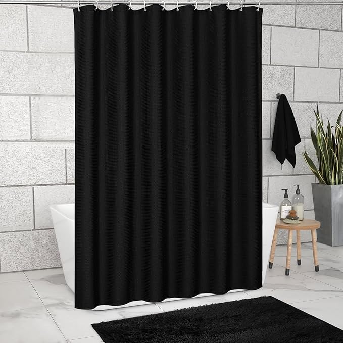 MitoVilla Black Waffle Small Stall Shower Curtain 36 x 72, Half Size Shower Curtain, Farmhouse Fabric Narrow Shower Curtains for Bathroom Decor, 36 inch Weighted Shower Curtain Set