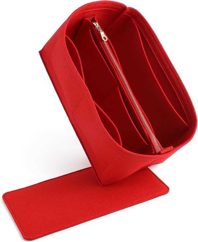Doxo Purse Organizer Insert for Handbags & Base Shaper 2pc Set with Zipper, Felt Bag Organizer for Tote, Purse Organizer for LV Speedy 25, Neverfull PM, Le Pliage S Handbag and More(Red-006)