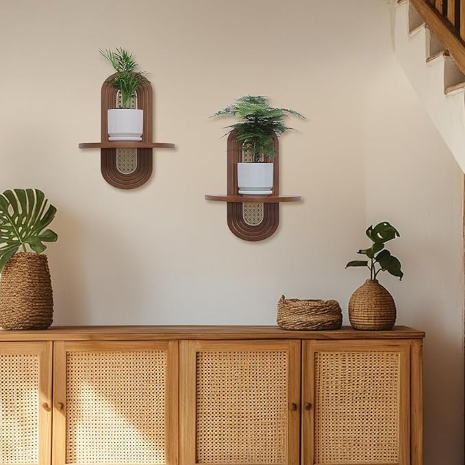 Floating Shelves for Wall, Boho Home Wall Decor,Rattan Plant Shelf Set of 2, Mid Century Small Decorative Shelf, Natural Wood Shelves for Living Room,Bedroom,House,Office (Walnut)