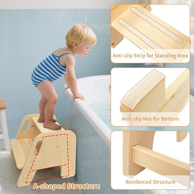 Step Stool for Toddler Kids Wooden – Height Adjustable 2-Step Ladder with Handles – Bathroom Sink Kitchen Bedroom Potty Training – Non-Slip Safety Design for Children 18 Months+