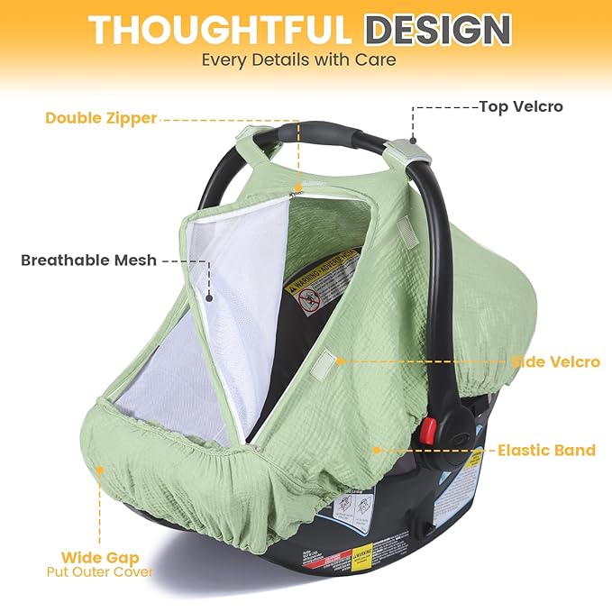 Orzbow Cotton Baby Car Seat Cover, Breathable Car Seat Canopy for Girls Boys with Mesh Window, Lightweight Baby Carrier Cover for Wind, Dust, Sun and Insects Protection, Universal Fit, Green