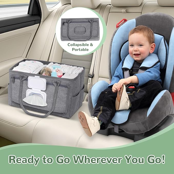 Volnamal Premium Diaper Caddy with Smart Side Wipes Pocket, Diaper Organizer, Portable Car Organizer & Nursery Basket for Newborn Essentials, Perfect Registry Must Haves for Boys & Girls, Grey