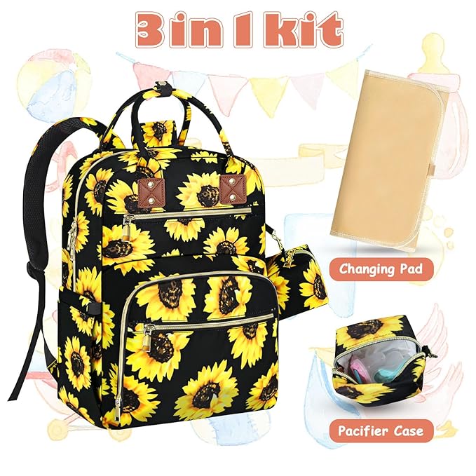 Tenot Baby Diaper Bag Backpack, Travel Diaper Bags for Baby Girl Boy Large Capacity Baby Bag Backpack for Women Sunflower