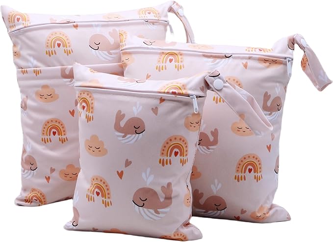 Asenappy 3pcs Cloth Diaper Wet Dry Bags Waterproof Reusable with Two Zippered Pockets Travel Beach Pool Daycare Soiled Baby Items Yoga Gym Bag for Swimsuits or Wet Clothes (3036-3-clouddolphin)