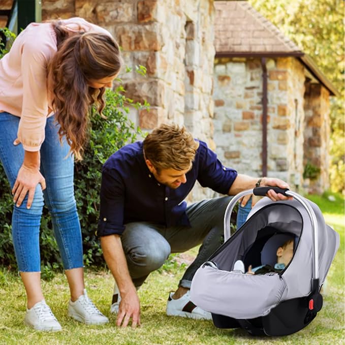 Car Seat Covers for Babies, Original Infant Car Seat Cover for Boys Girls, Kick-Proof Carseat Canopy with Adjustable Breathable Mesh Peep Window & Pocket, Universal Carrier Cover Newborn Shower Gift