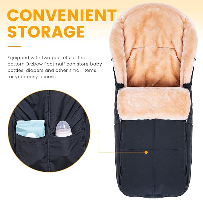 Orzbow Stroller Footmuff Universal | Faux Wool Baby Bunting Bag | Warm, Weather-proof, Adjustable Buckles | Winter Stroller Zipper Blanket Cover | Baby Sleeping Bag for Cold Weather Accessories, Black