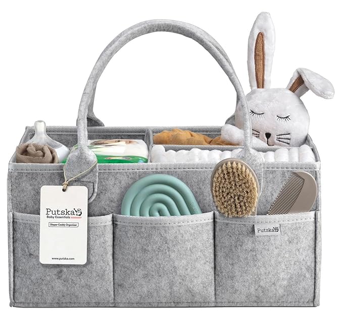 PUTSKA Nursery Storage Basket - Baby Diaper Caddy Organizer for Diaper Station, Newborn Essentials, Baby Shower Gifts and Registry Must-Haves for Boy or Girl