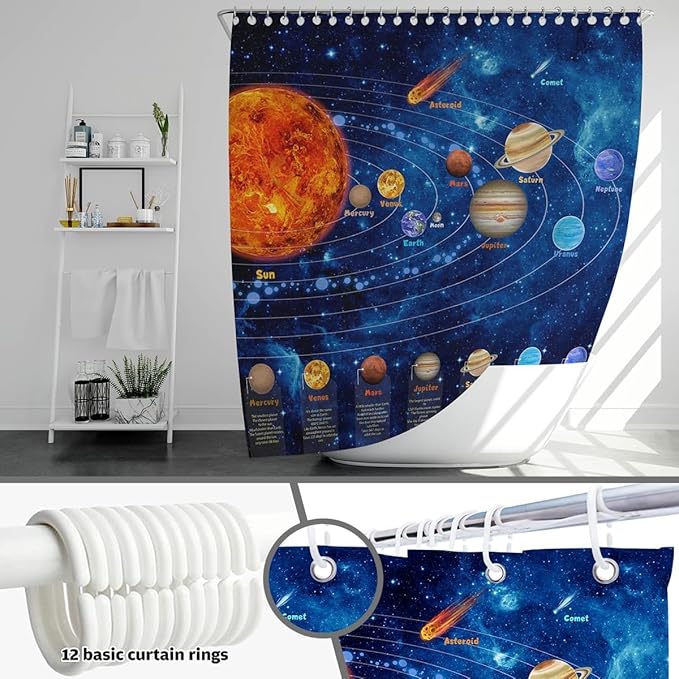 Mocsicka Galactic Outer Space Shower Curtain 72 x 84 Inch Boys Nebula Universe Planet Bath Curtain Science Theme Waterproof Bathroom Accessories Decor with 12 Hooks