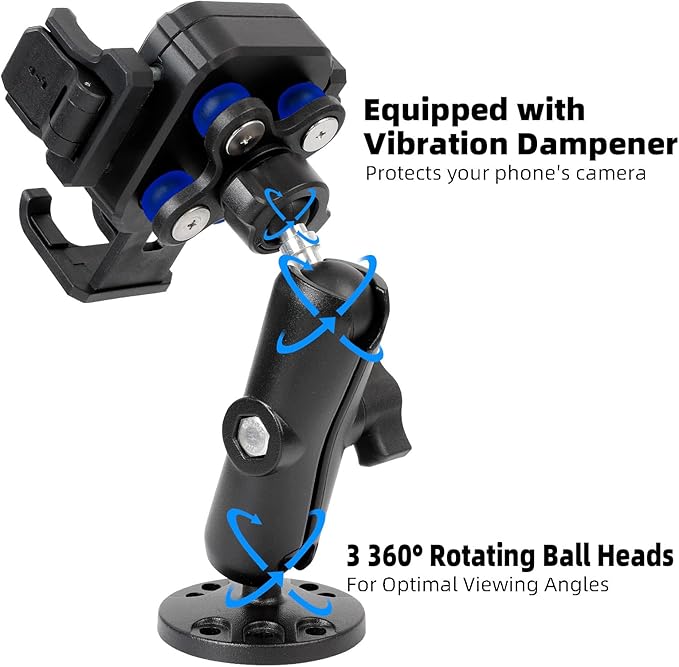 FPN Phone Mount Holder with Vibration Dampener [Camera Friendly] [1s Lock & Release] [Aluminum Round AMPS Base & Medium Arm], for Car Boat Truck, Fits 4.7-7.2" Smartphones