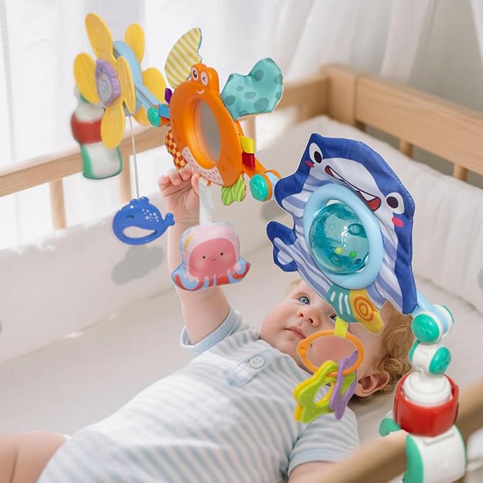 Adjustable Baby Stroller Arch Toy, Car Seat Toys for Infants 6-12 Months Bassinet Hanging Toy Bar Attachment with Mirror & Sound, Crib Comfort Gift for Birthday, Baby Shower