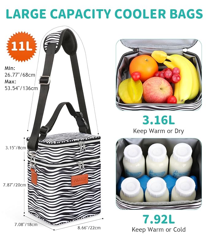 PIIOSER Breastmilk Cooler Bag with Ice Pack, Fits 6 Baby Bottles Up to 9 Oz, Stylish Baby Cooler Travel Bags with Shoulder Strap, Double Deck & Leakproof for Nursing & Working Moms(Zebra Printed)