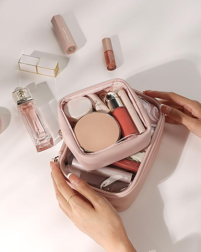 Pocmimut Clear Makeup Bag, Easy to Find Mini Makeup Bag for Purse, Travel Makeup Bag for Car, Compact Cosmetic Pouch for Daily Essentials,Pink