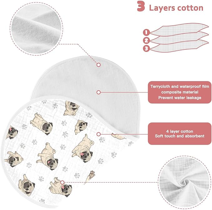 Qinllo 4 Pack Muslin Burp Cloths Pugs Dog Paw White Cotton Baby Burp Cloths Extra Absorbent and Soft Burping Cloth for Newborn Boys Girls 22x11 Inch