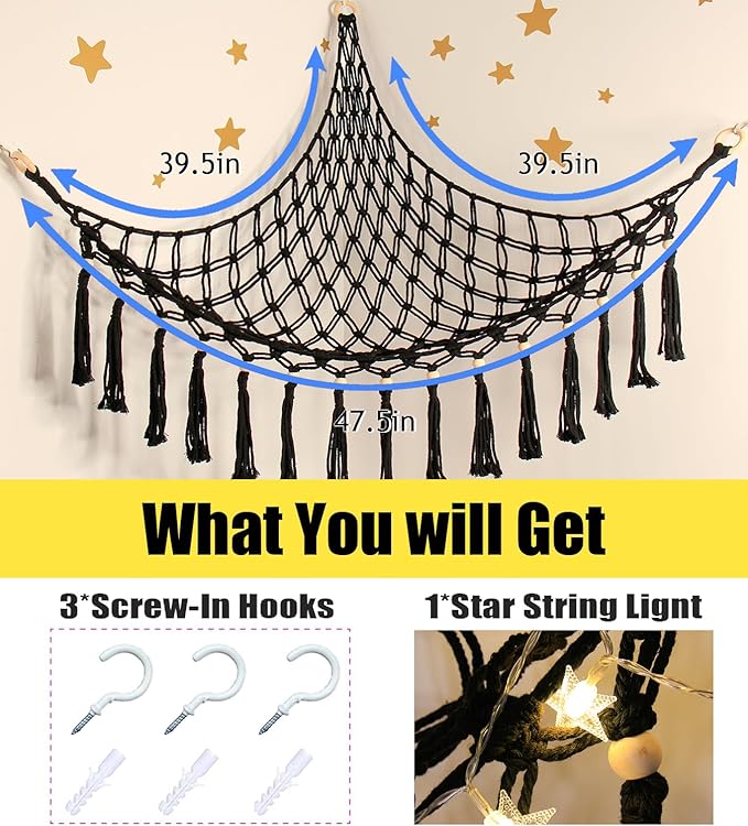 Stuffed Animal Hammock Corner Storage - Toy Hammock Net Organizer with LED Light - Tedddy Hammocks Plushie Net Holder - Black Wall Decor for Boy Living Room Bedroom
