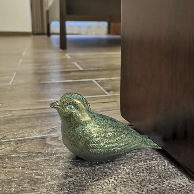 Cast Iron Door Stop Decorative Door Stoppers for Bottom of Door, Cute Bird Doorstop Animal Wedge Farmhouse Vintage Floor Decor, Antique Gold-Green
