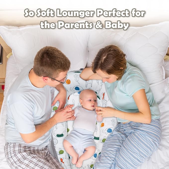 Baby Lounger-Breathable and Soft Organic 100% Cotton, Portable Infant Lounger with Removable Lounger Cover, Floor Lounger for Newborn - Crocodile & Elephant